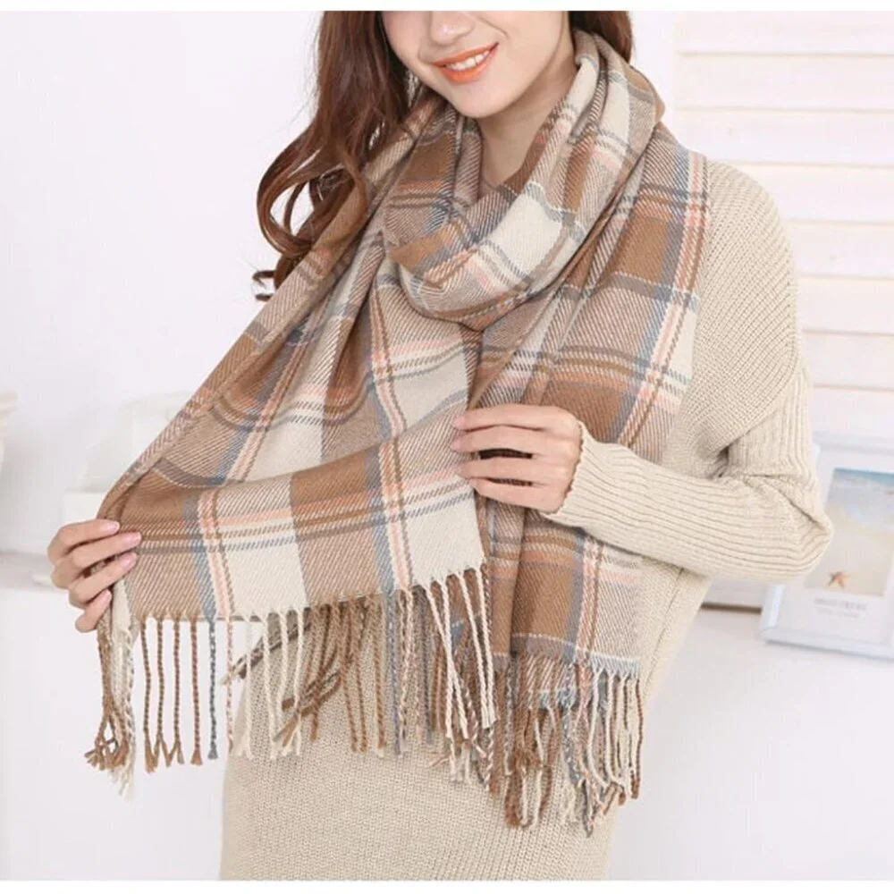 Women's Beige Fashion Long Shawl Big Grid Winter Warm Lattice Large Scarfs